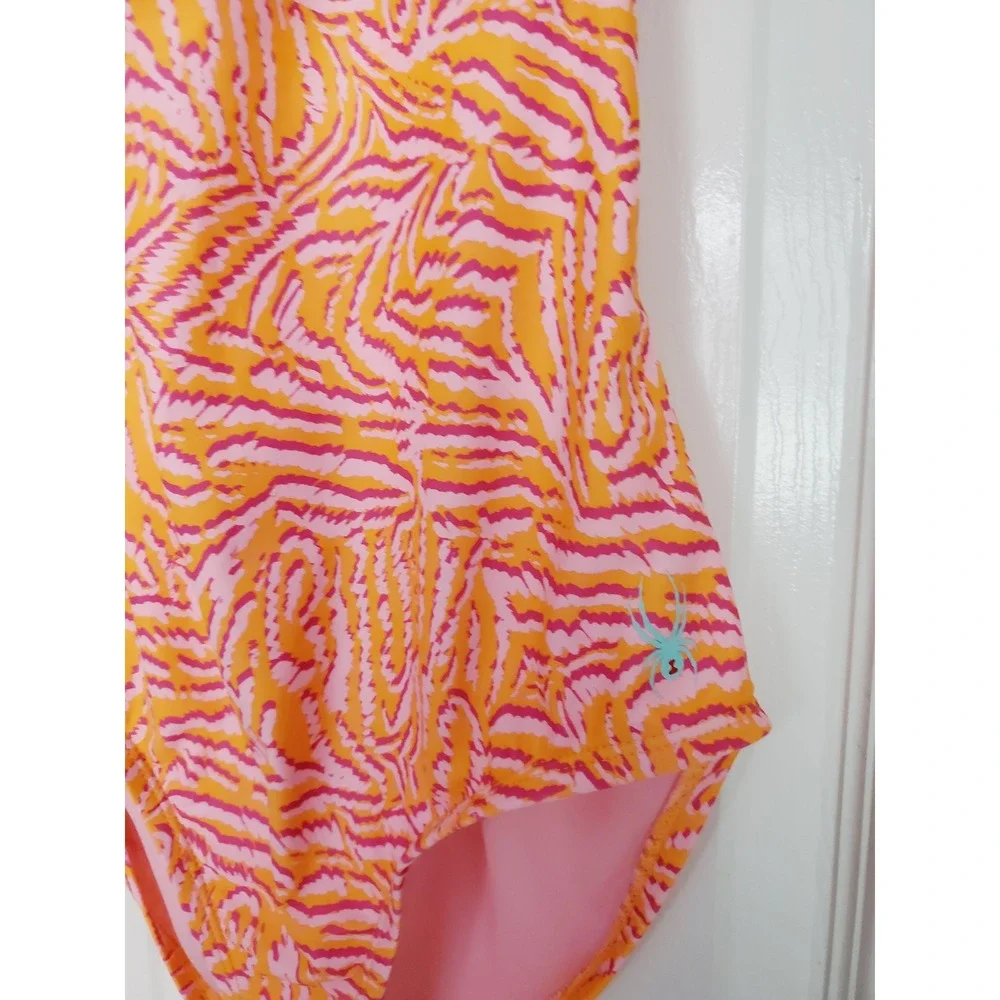 Spyder Girls One‎ Piece Swimsuit Orange Pink Zebra Print Strappy Back Sz L 12/14